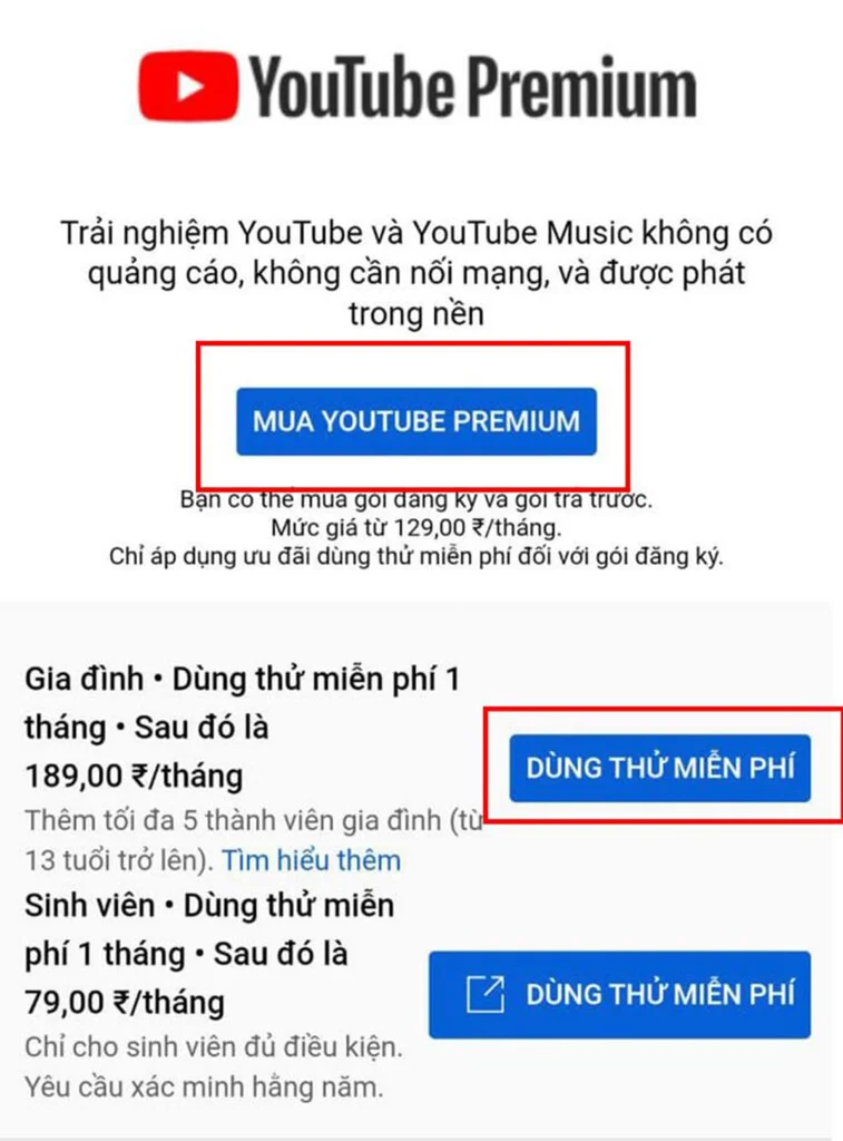 Bước 3: Tiến hành đăng ký và sử dụng gói Youtube Premium